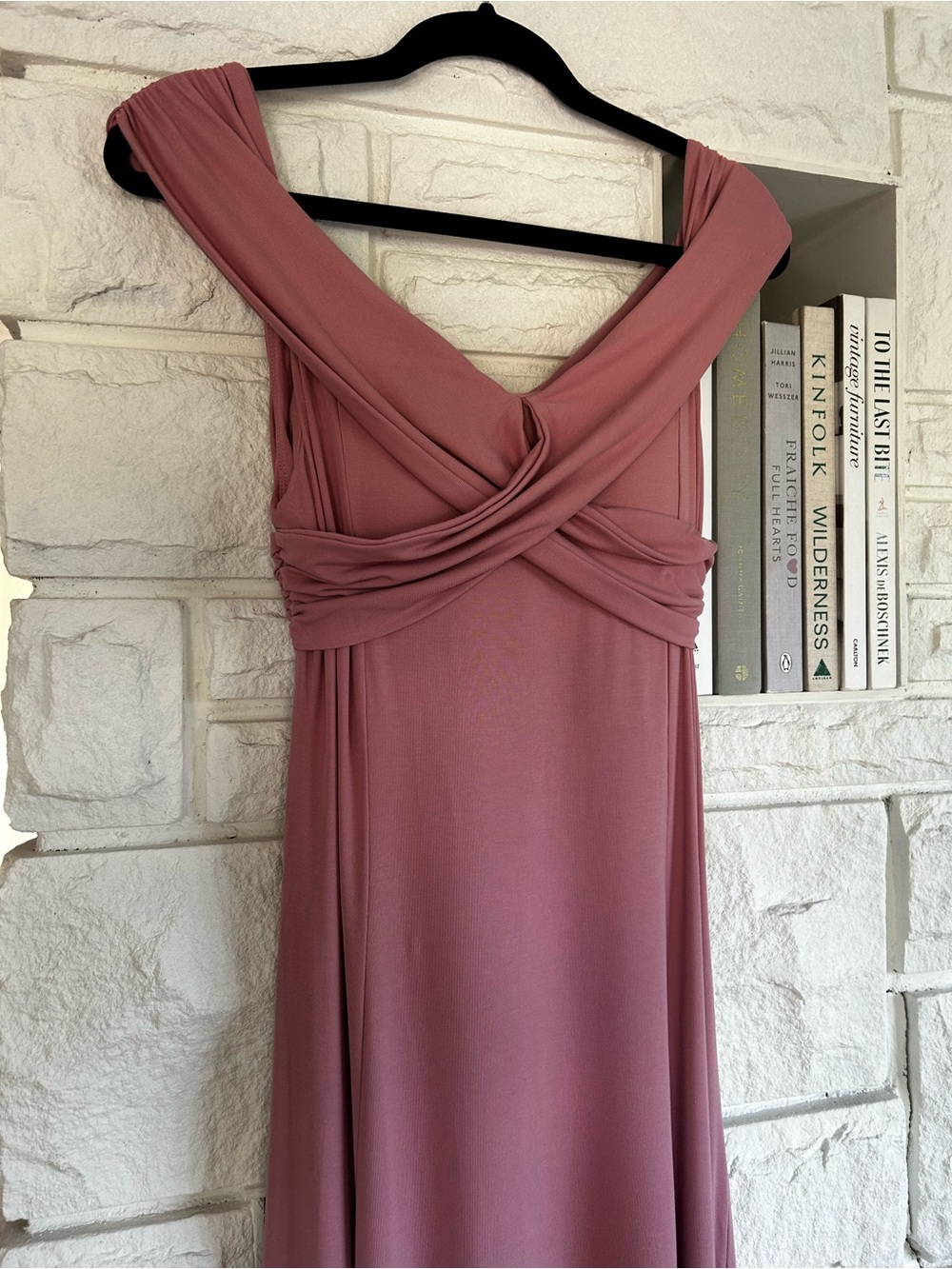 OGL NWT Flowy Criss-Cross Off Shoulder Midi Brami Dress Size Large Rose Mauve - Picture 7 of 16